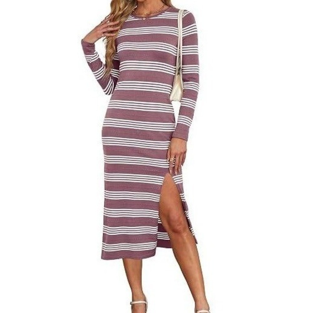 Wiholl Pink Striped Long Sleeve Midi Sweater Dress Side Slit Size M Bodycon